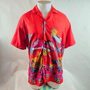 Waikiki Creations Hawaiian Shirt Mens Large Red Button Up Tropical Floral Beach
